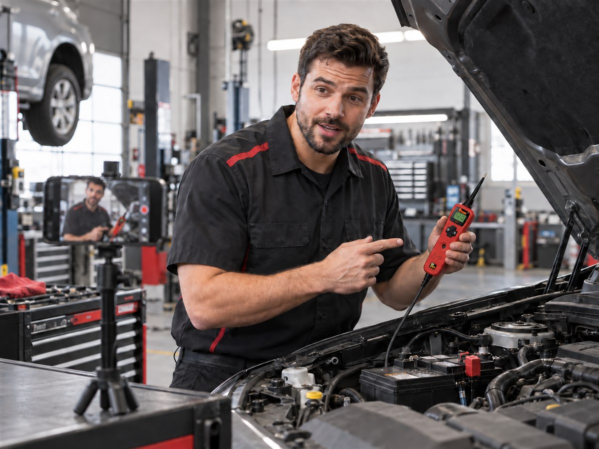 Power Probe creator demonstrating the PP3PF circuit tester with its black cable in an automotive workshop